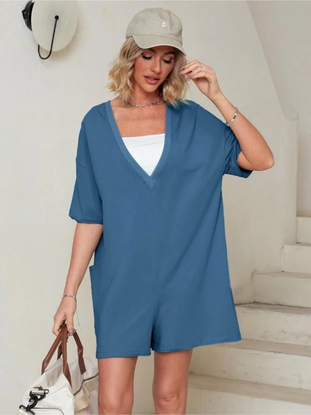Women's Blue Summer Casual Onesie Backless Loose Short Oversized Tee Romper - Picture 5 of 6